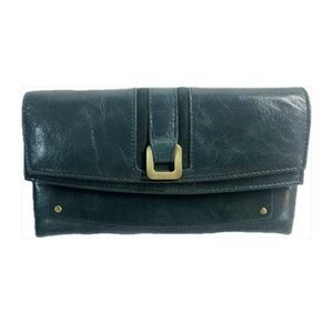 Jimmy Choo Utah Leather Wallet Clutch Dark Teal Green Suede Large Snap Closure